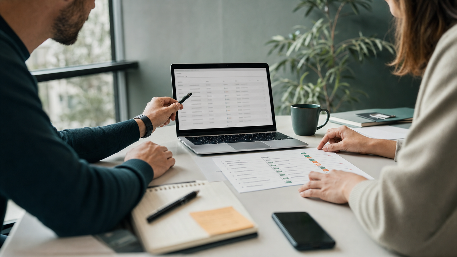 Dos personas revisando una lista de tareas y documentación junto a un portátil